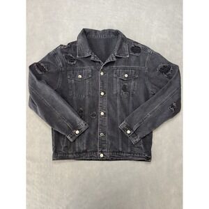 Denim Jacket Cotton Ripped Pockets Button Up Black Jean Jacket Medium Size